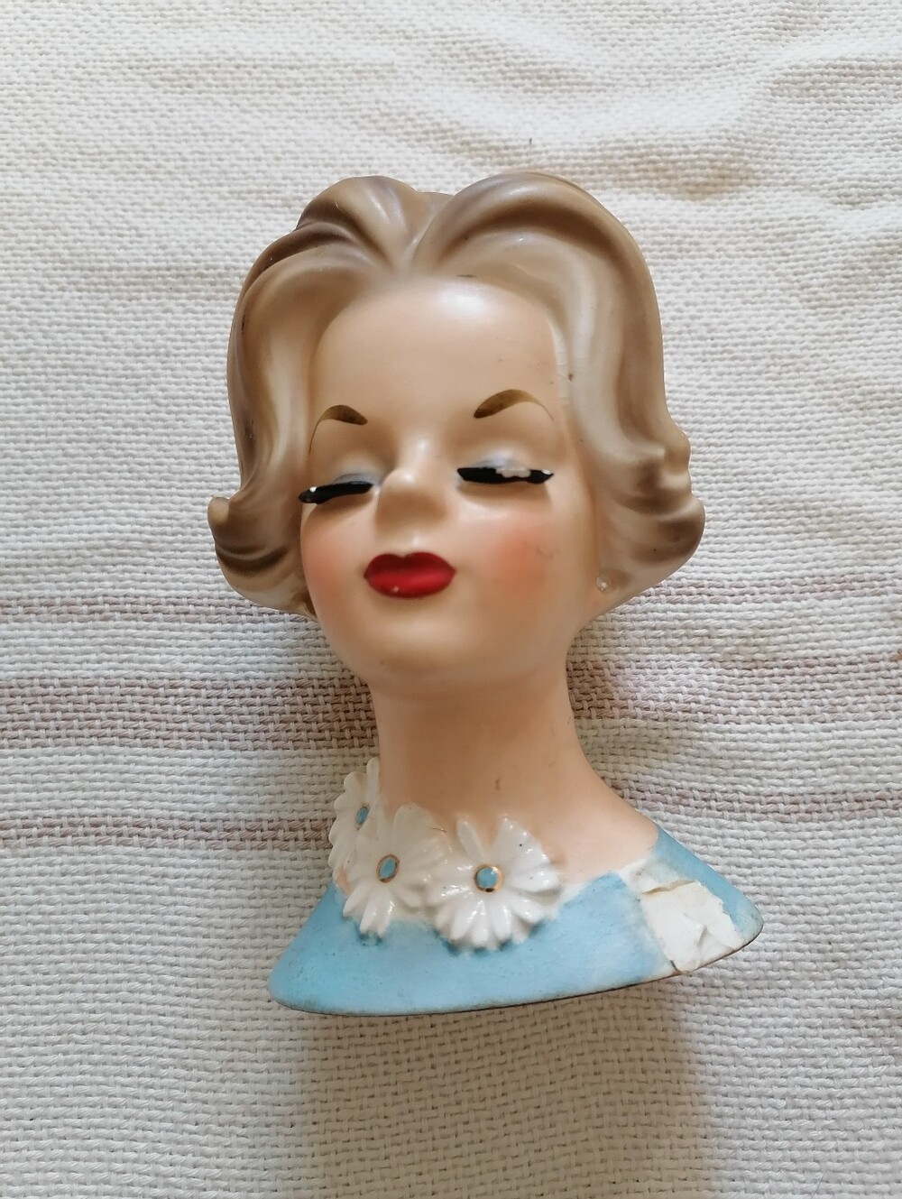 Vintage Ceramic Lady Head Vase - Blue Dress, Red Lips